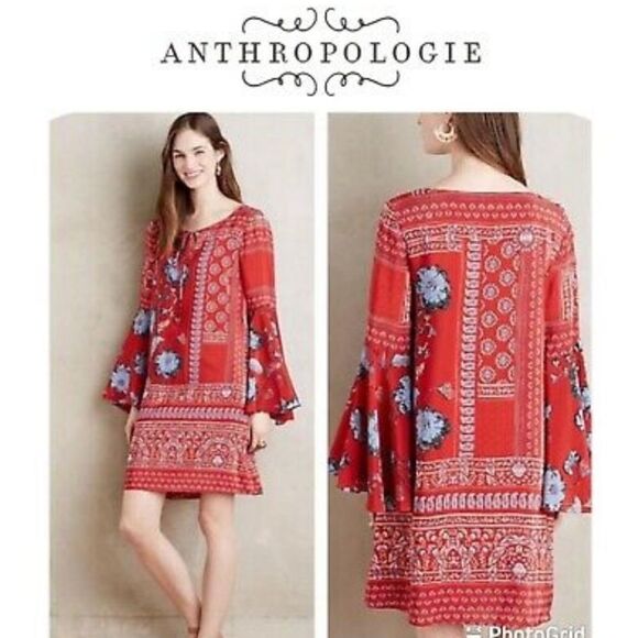 ❌Anthropologie Isabelle Red Silk Floral Bell Sleeve Shift Dress 2 - Picture 1 of 9